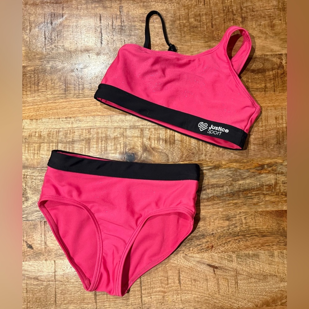 Justice Girls 2pc Swim Suit Shimmery Hot Pink & Black Bikini Small 7/8
